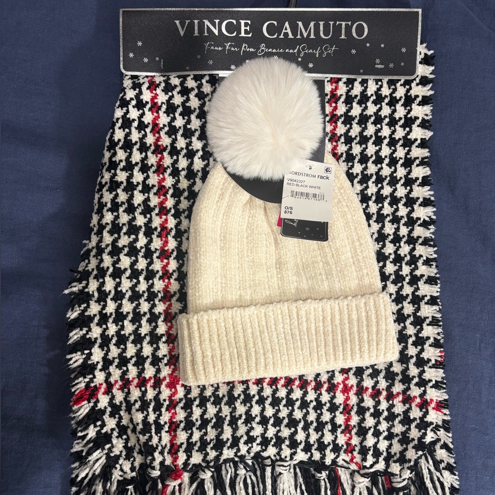 Vince Camuto Soft Ivory Beanie + Black Houndstooth Pattern Scarf Set